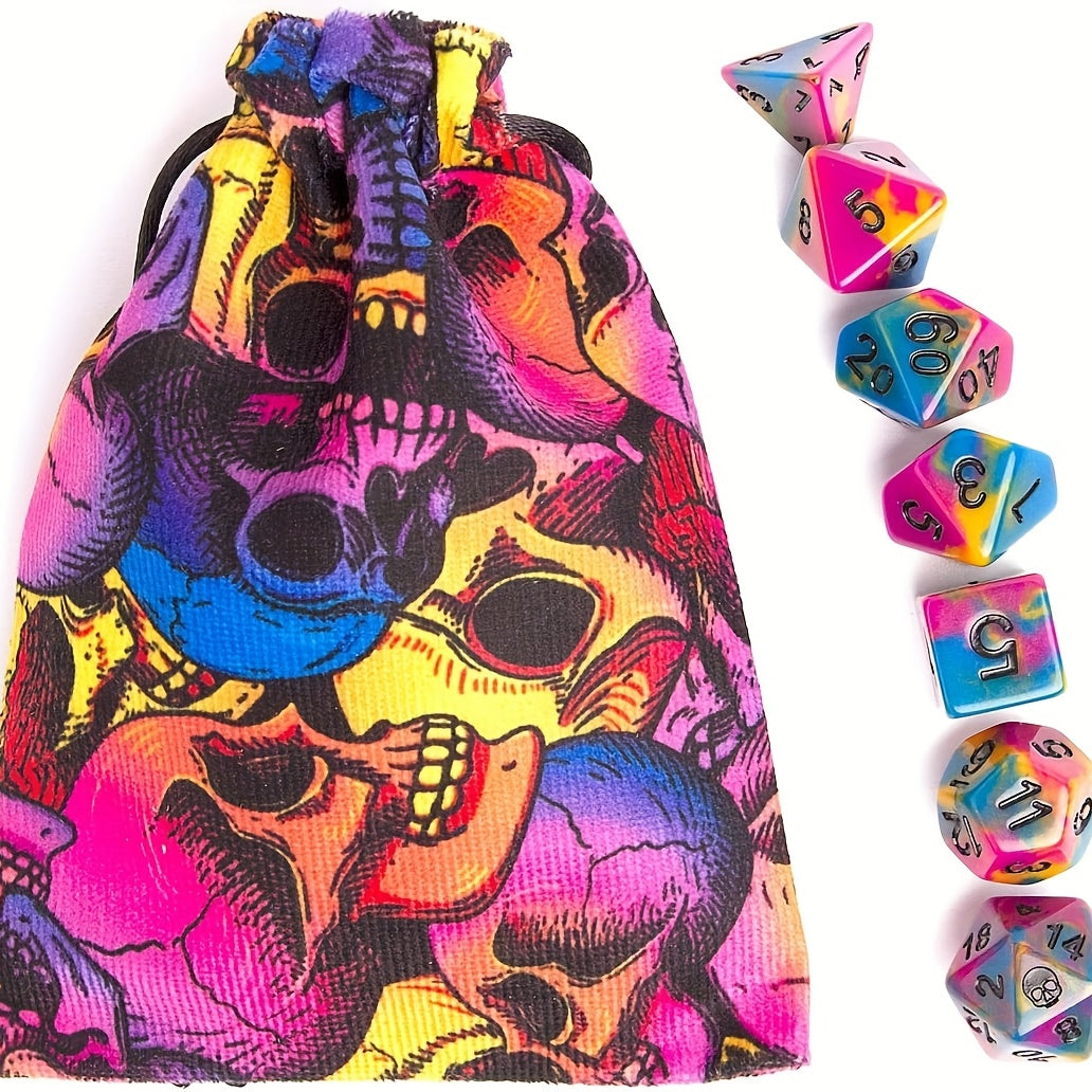 Rainbow Skull Dice Set with Drawstring Bag for Table Game