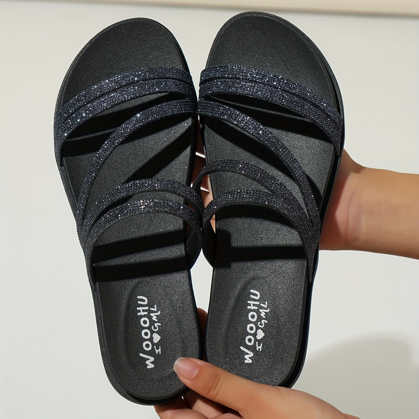 Glitter Flat Slides Open Toe Strap Sandals Beach Shoes
