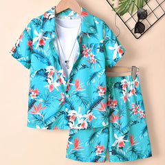 Boys Flowers & Leaves Print Casual Outfit Short Sleeves Shirt & Shorts