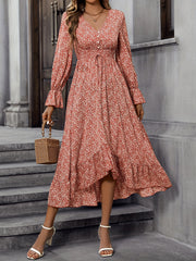 Floral Print Dress V Neck Long Sleeve