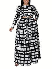 Plaid Print Long Sleeve Crop Top & Skirt Set
