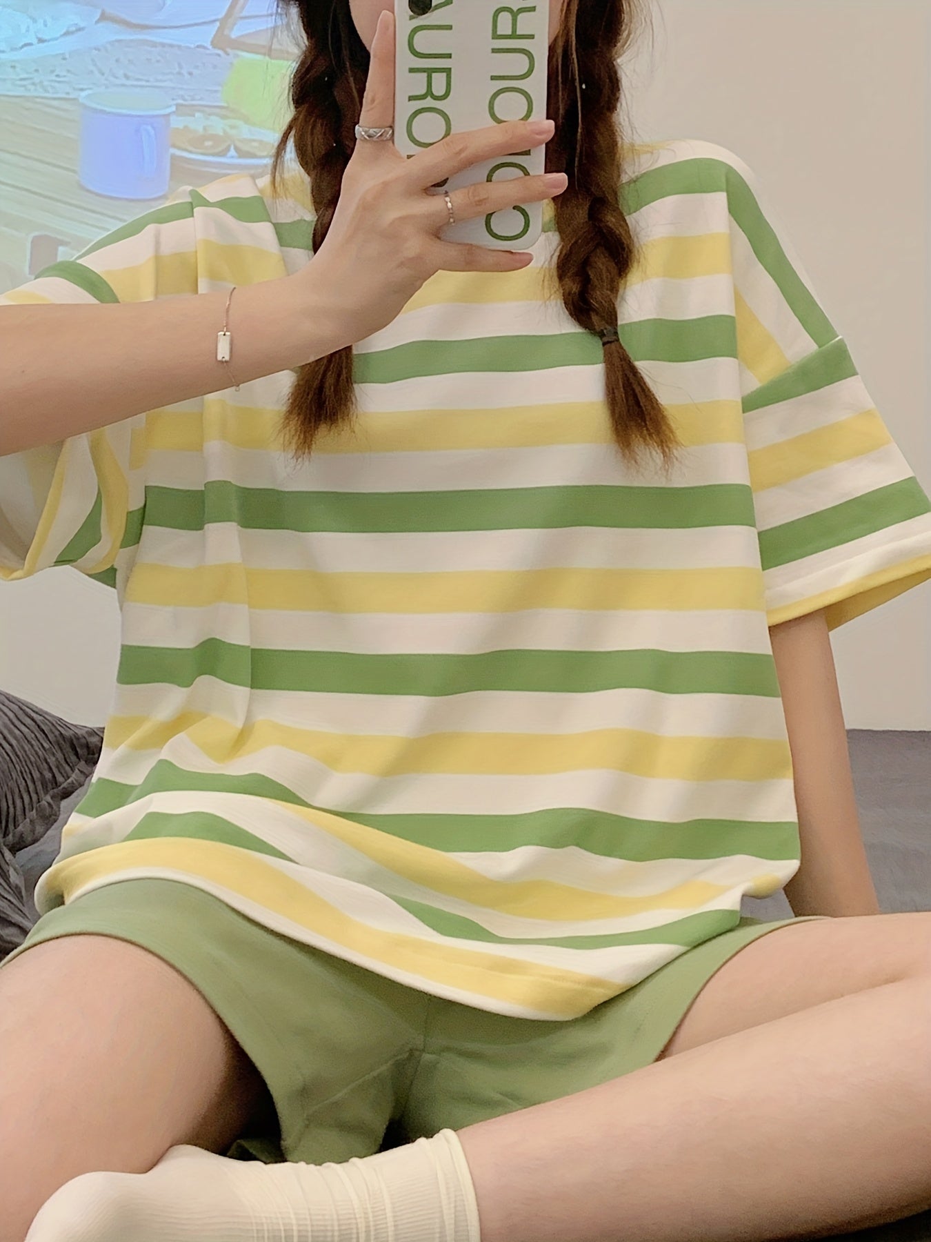 Striped Pajama Set Crew Neck Top & Shorts Women's Sleepwear