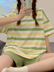 Striped Pajama Set Crew Neck Top & Shorts Women's Sleepwear