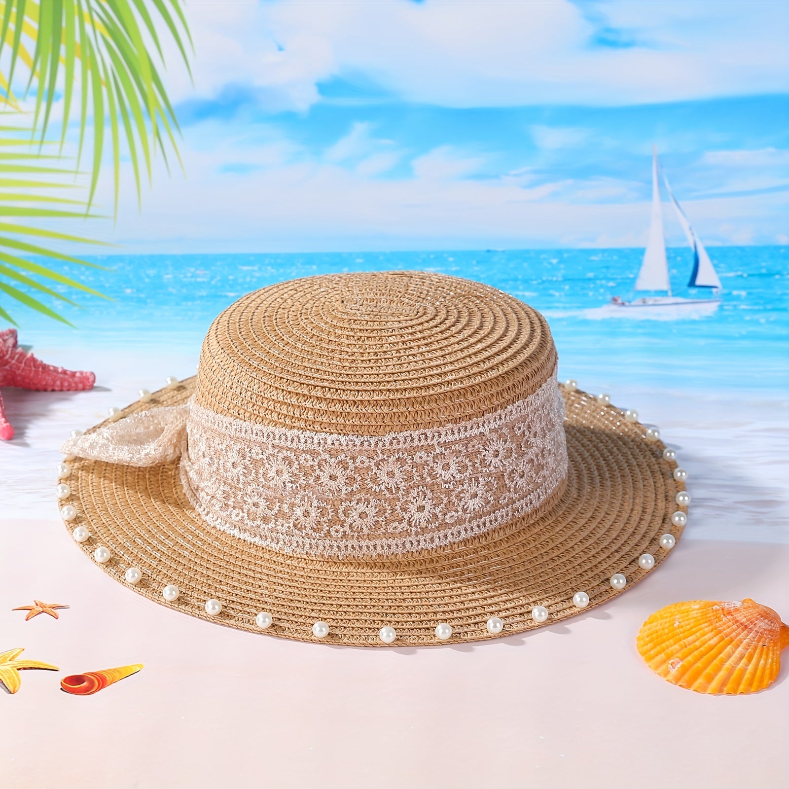 Women Straw Fedora Hat Faux Pearl Flap Top Brim Beach Sun Hat