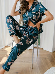 Floral Satin Pajama Set Short Sleeve Pocket Top & Long Pants