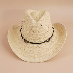 Beige Western Cowboy Hat Wide Brim Straw Sun Hats Outdoor Travel Beach Cap