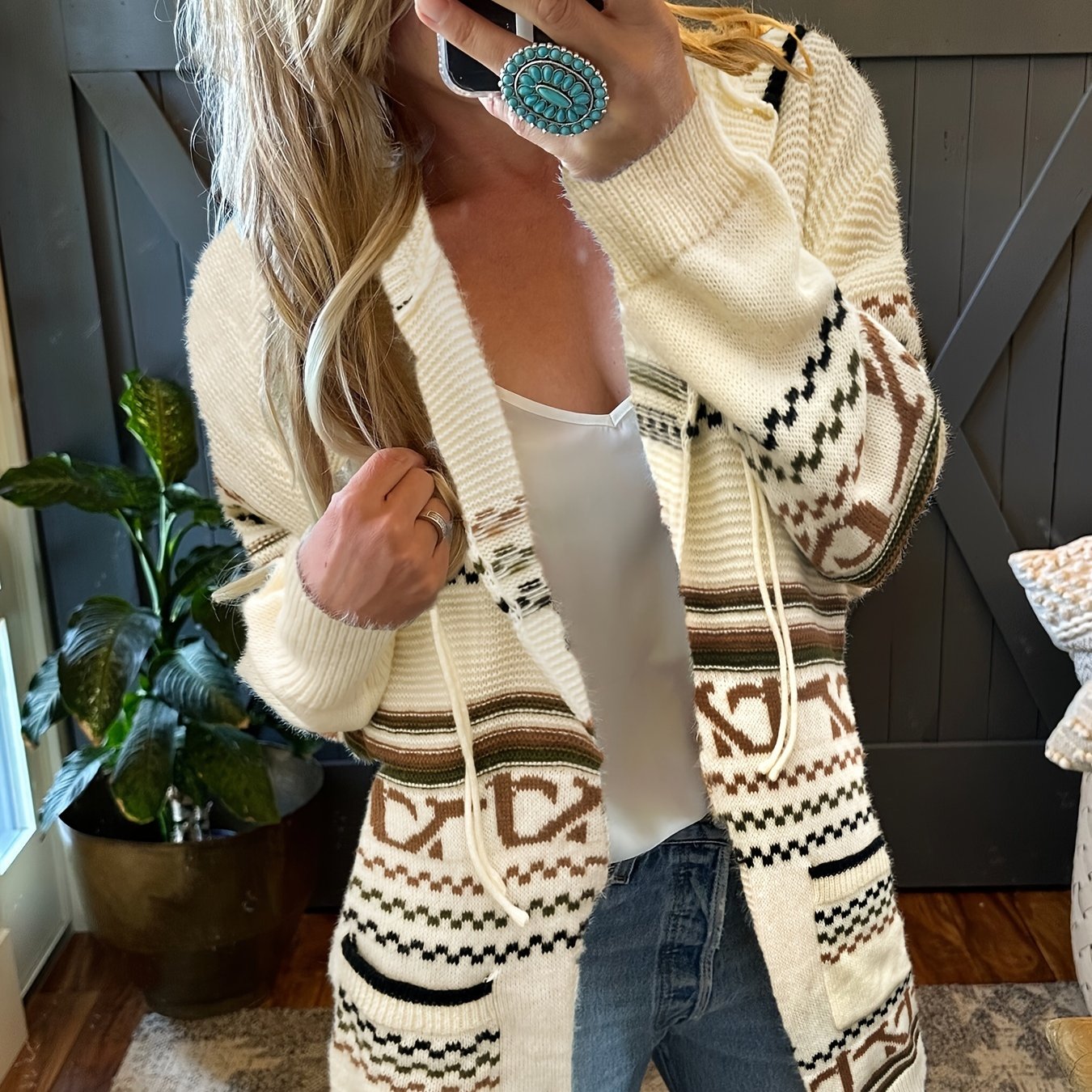 Geometric Print Hooded Drawstring Cardigan