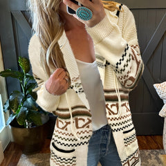 Geometric Print Hooded Drawstring Cardigan