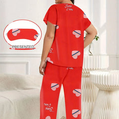 Heart Print Satin Pajama Set with Eye Mask