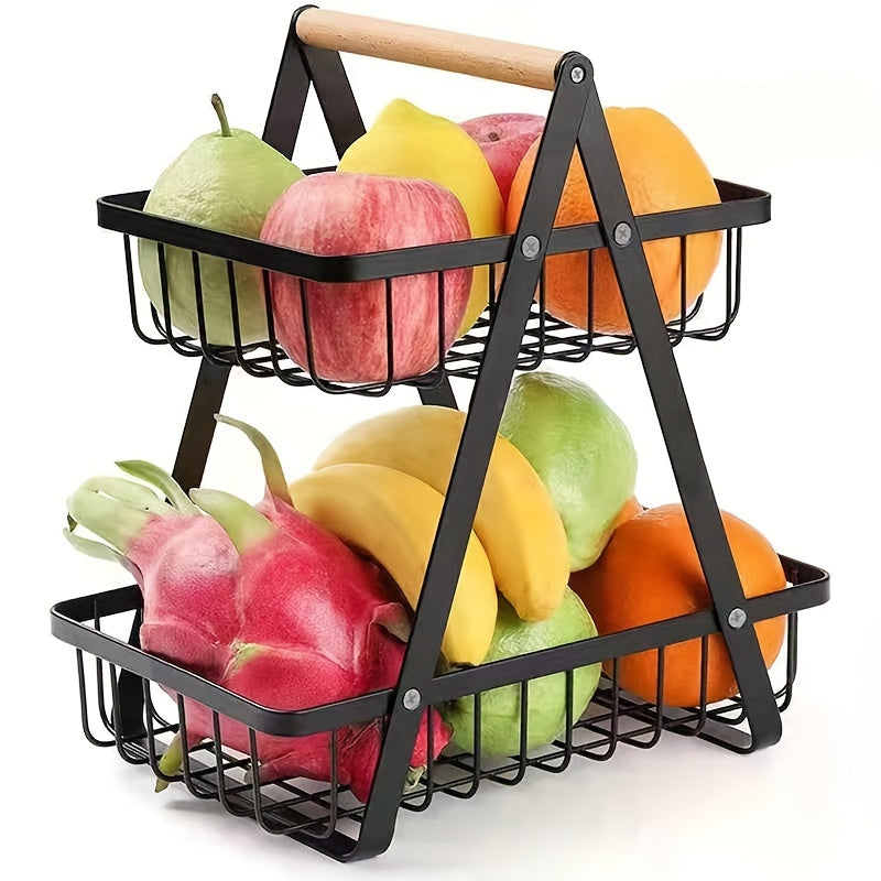 2 Tier Metal Storage Basket for Countertop with Wooden Handle