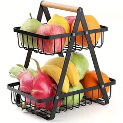 2 Tier Metal Storage Basket for Countertop with Wooden Handle
