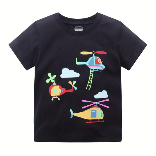 Boys Helicopter Print Casual Cotton Short Sleeve T Shirt