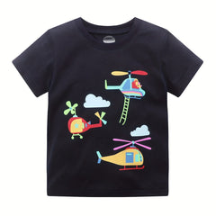 Boys Helicopter Print Casual Cotton Short Sleeve T Shirt