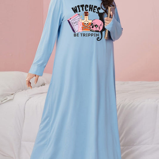 Gothic Nightdress Women's Skull & Cat Print Sleeves