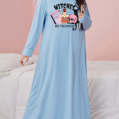 Gothic Nightdress Women's Skull & Cat Print Sleeves