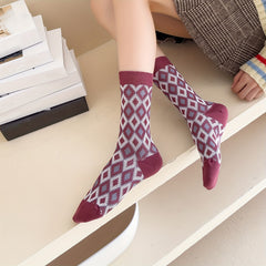 Leopard & Argyle Socks 5 Pairs Comfy Breathable Mid Tube Women's Stockings