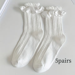5 Pairs Ruffle Solid Socks Comfy Women's Stockings