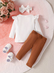 Baby Girls Heart Embroidered Top Trousers Hairband 3pcs Set