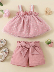 2pcs Baby Girls Heart Print Camisole Top & Shorts Set