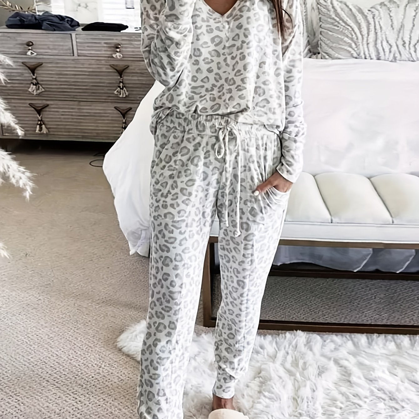 Leopard Print Lounge Set Long Sleeve V Neck Top & Lace Up Pants
