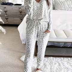 Leopard Print Lounge Set Long Sleeve V Neck Top & Lace Up Pants