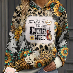 Cowboy Music & Sunflower Print Long Sleeve Hoodie