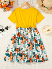 Girls Floral Splicing Casual Dress Summer Party Clothes