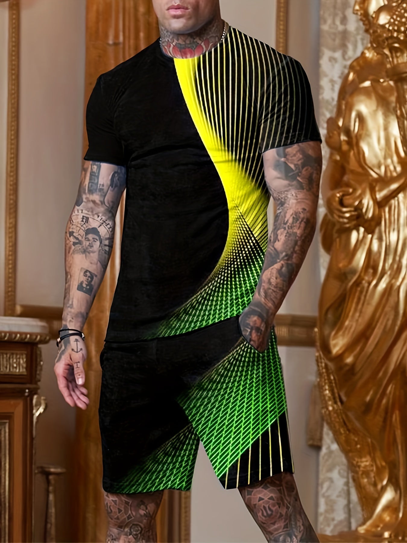3D Print Men's 2Pcs Casual Crew Neck T-shirt & Drawstring Shorts Set