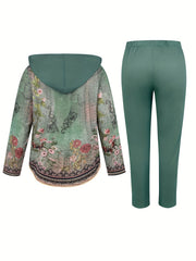 Floral Print Hooded Cardigan & Drawstring Pants 2 Piece Set