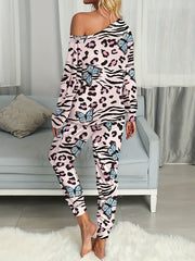 Leopard & Butterfly Print One Shoulder Top & Jogger Pants Set