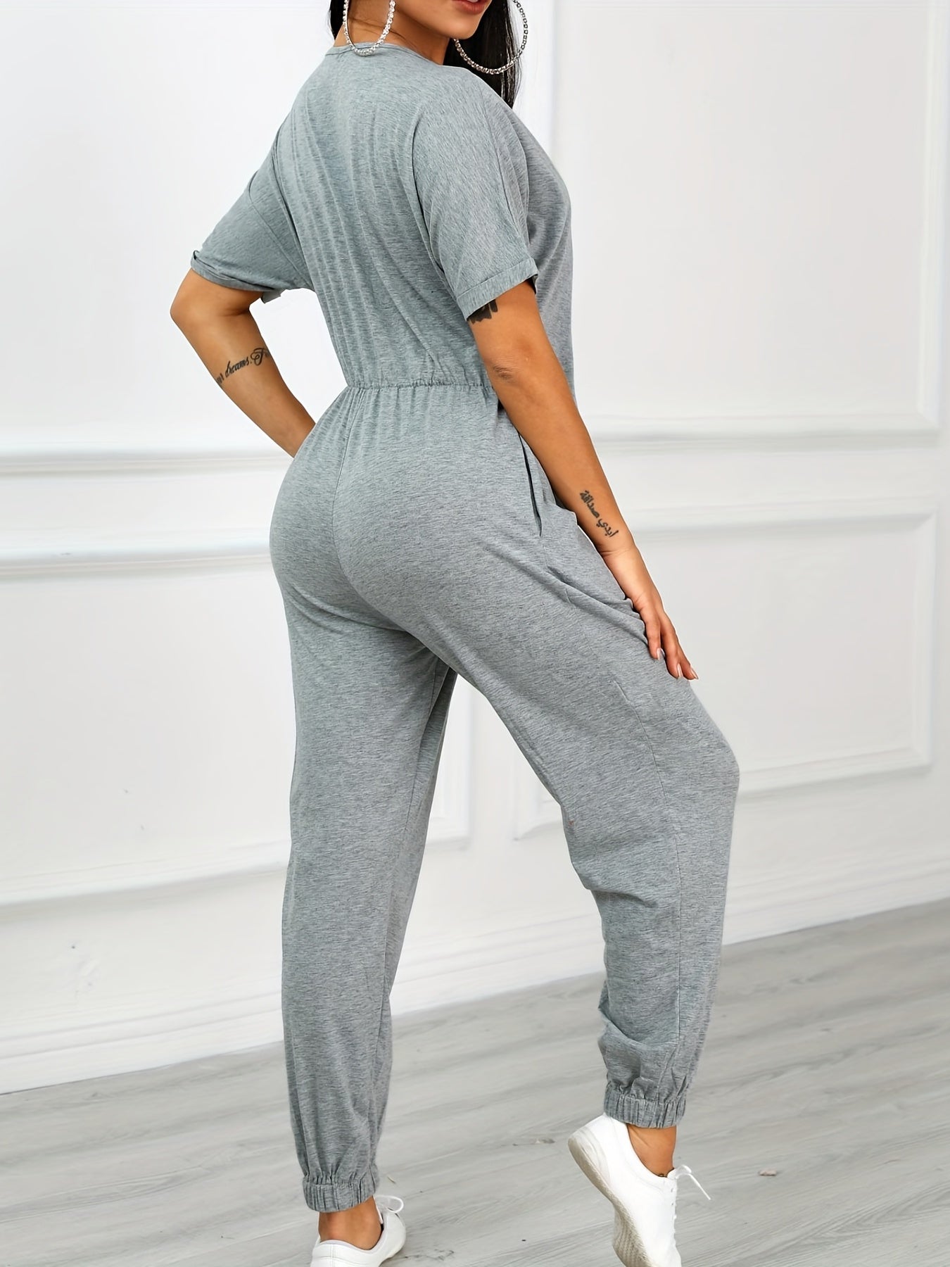 Casual Surplice Neck Jumpsuit Short Sleeve Elastic Bottom