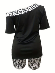 Women's Cross & Greek Print One Shoulder Two Piece Set