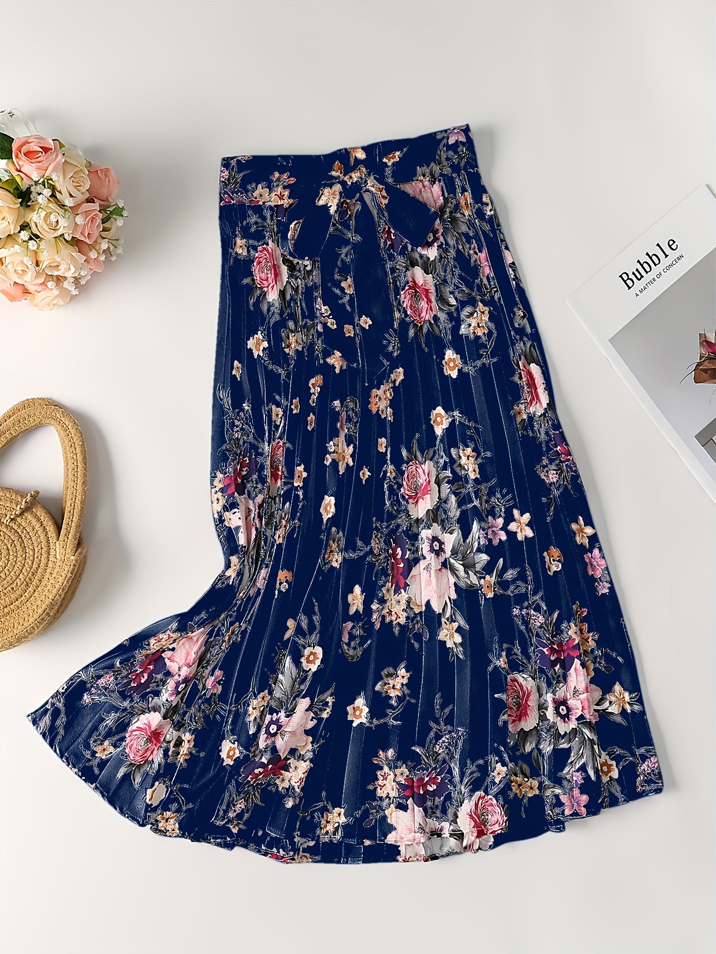 Vintage Floral Print Skirts Pleated Tie Waist Daily Skirts Women's Clothing