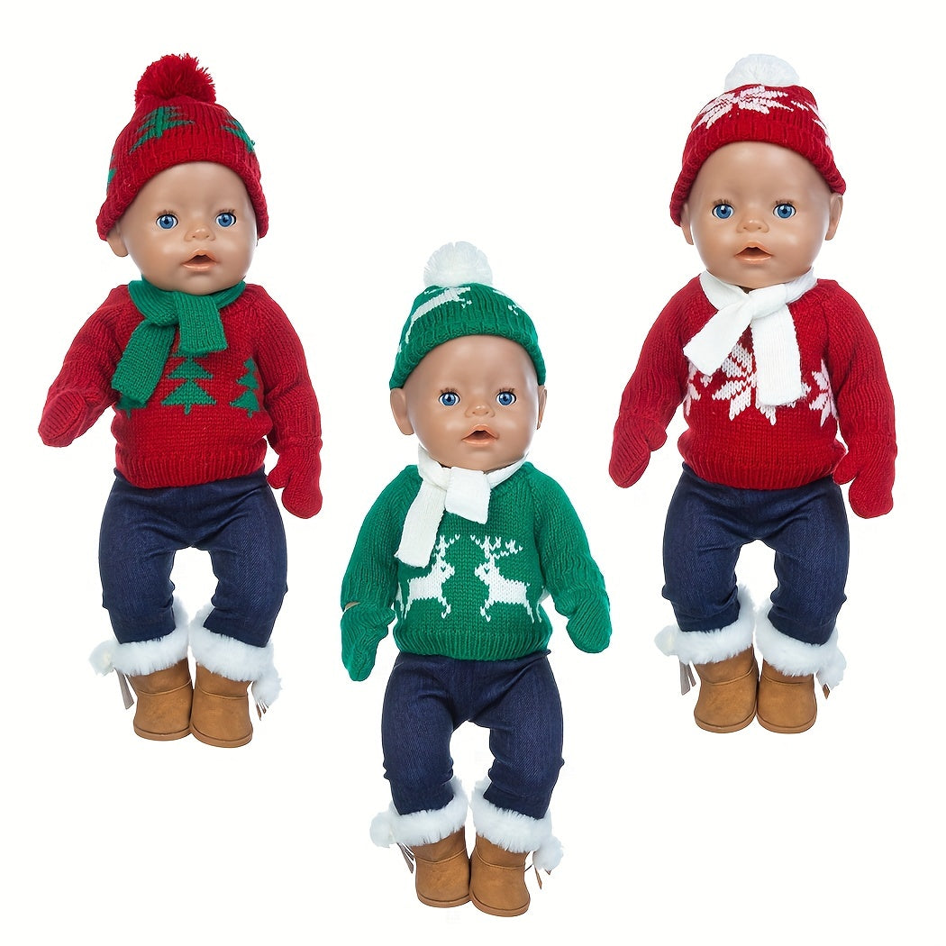Christmas Sweater Set for 17" Dolls with Hats, Scarves & Gloves