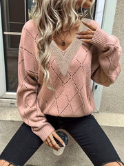 Colorblock Pointelle Long Sleeve V Neck Sweater