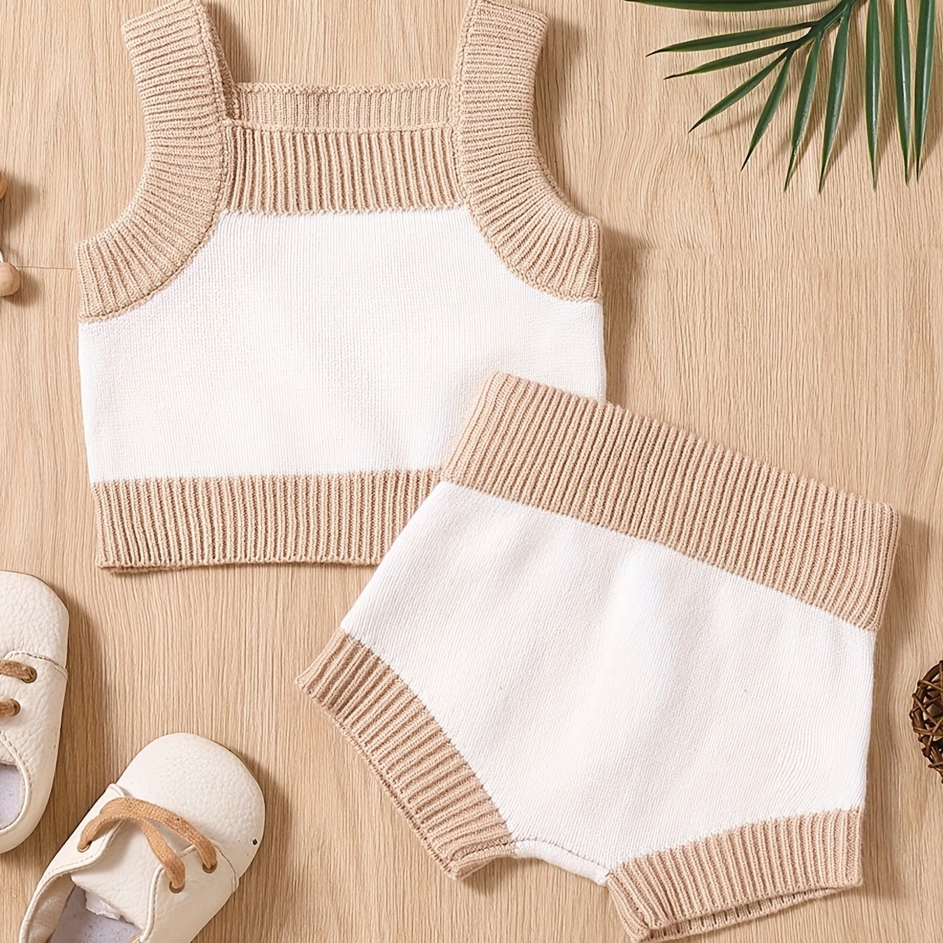 2pcs Baby Girls Casual Block Knit Tank Top & Shorts Set