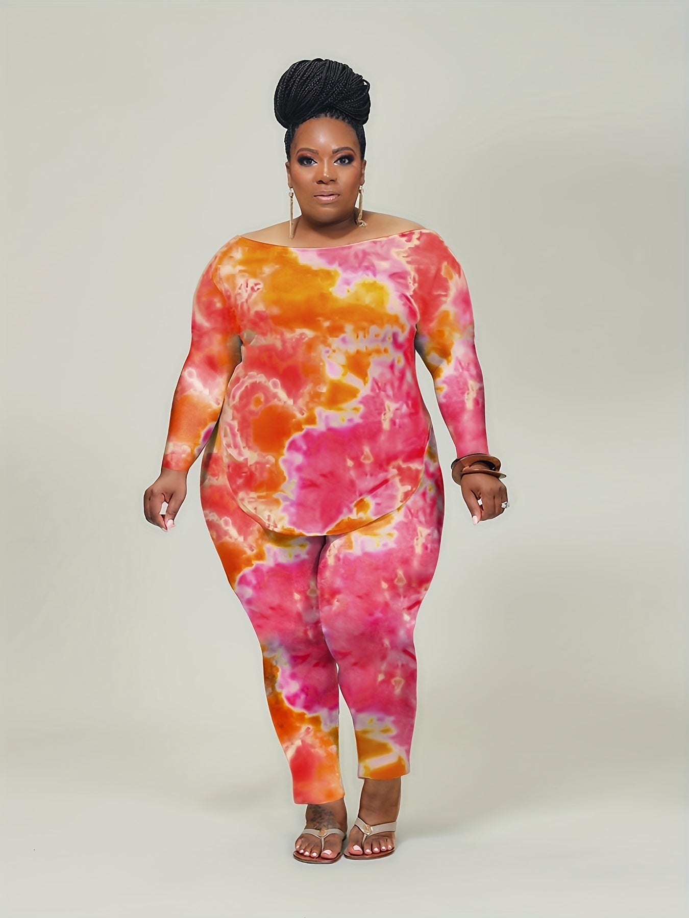 Tie Dye Long Sleeve Top & Pants Set Plus Size Medium Stretch 2pcs