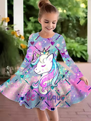Girls Dreamy Unicorn Graphic Long Sleeve Dress