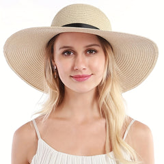 Straw Sun Hat Ribbon Bowknot Solid Sunscreen Beach Hats Floppy Foldable Cap