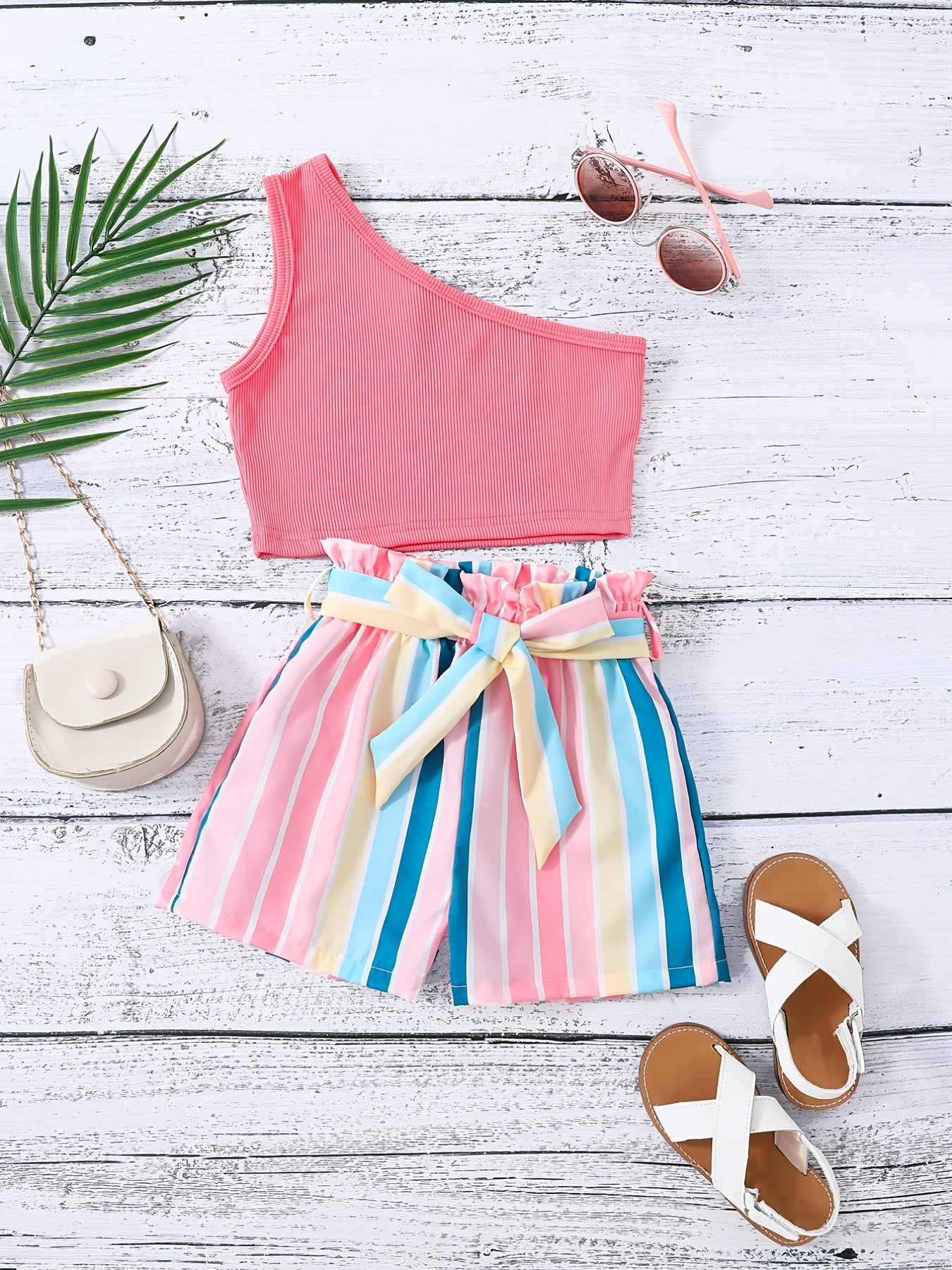 Girls 1 Shoulder Crop Top & Striped Shorts Set Kids Summer Clothes