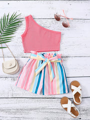 Girls 1 Shoulder Crop Top & Striped Shorts Set Kids Summer Clothes