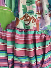 Patchwork Print Lantern Sleeve V Neck Maxi Dress