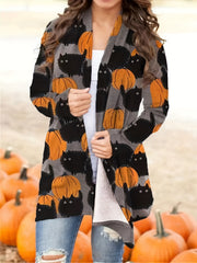 Pumpkin Pattern Cardigan Open Front Long Sleeve Women's Clothing