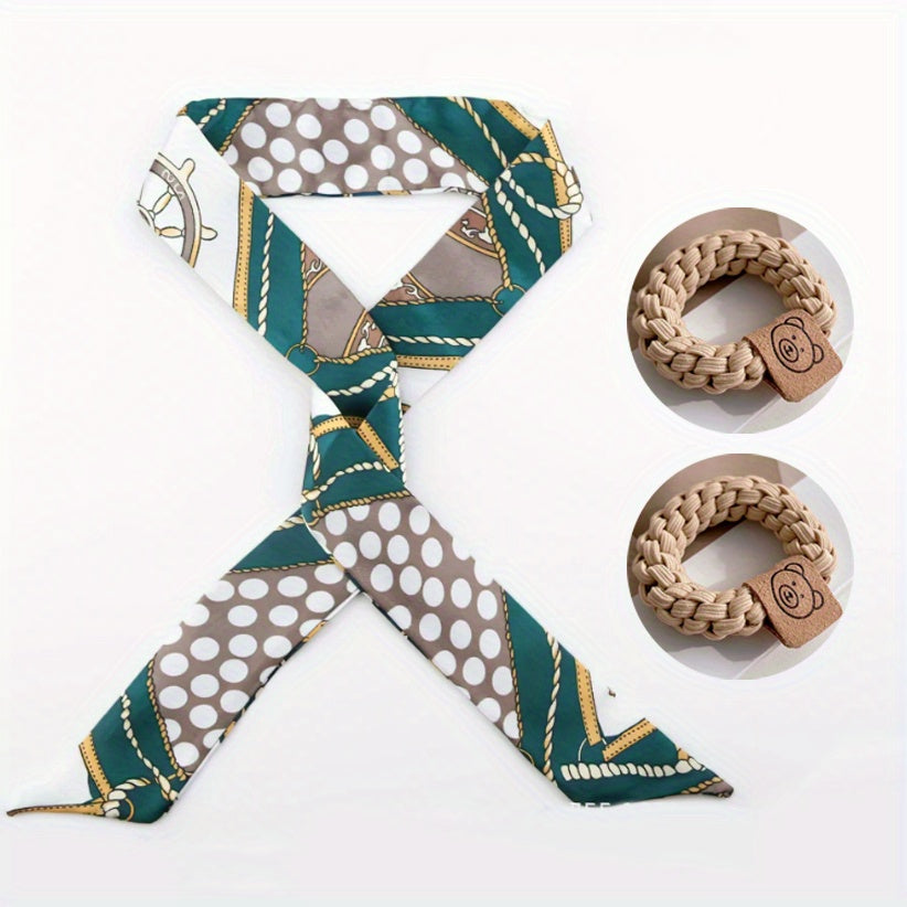 3pcs Green Ribbon Neckerchief Hair Tie Set