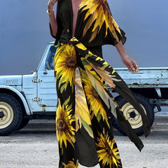 Sunflower Pattern Swimsuit Cover Up V Neck Beachwear