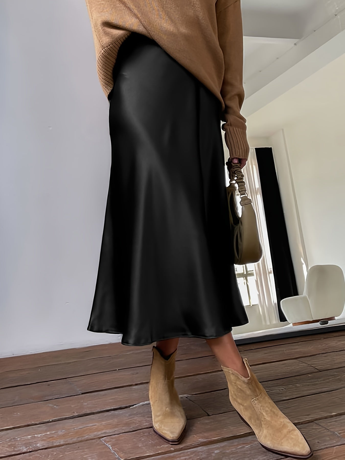Vintage Satin Maxi Skirt High Waist Summer Casual Solid Retro Style