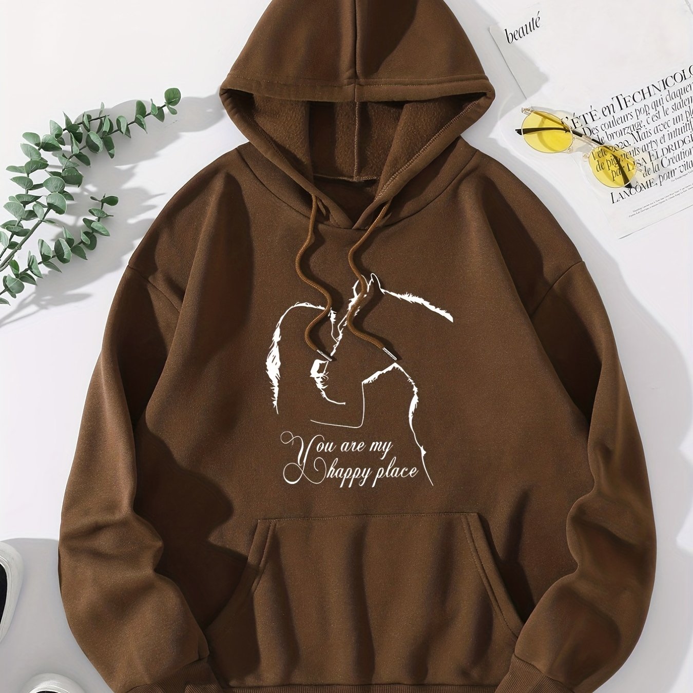 Girl & Horse Print Kangaroo Pocket Hoodie Long Sleeve Drawstring Hoodies