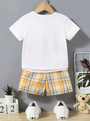 Boy's Bear Graphic Casual Outfit T-Shirt & Plaid Shorts Summer Clothes