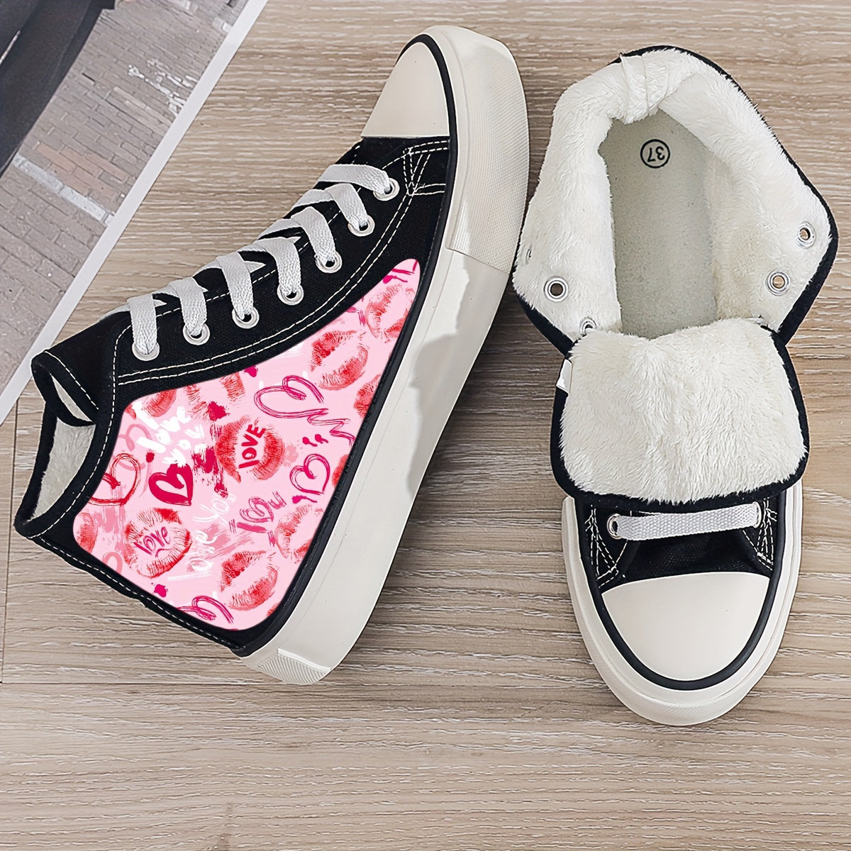 Love & Heart Print Plush Lined Chunky Canvas Sneakers