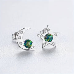 Girl's 925 Silver Star Moon Asymmetrical Stud Earrings